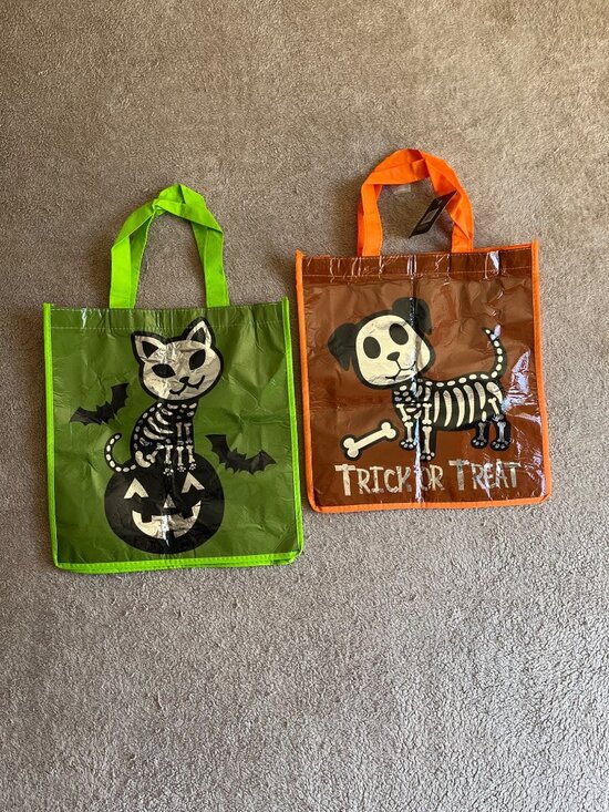 None Other - Set Of 2 Halloween Trick Or Treat Tote Bags Skeleton Cat & Dog Designs Reusable